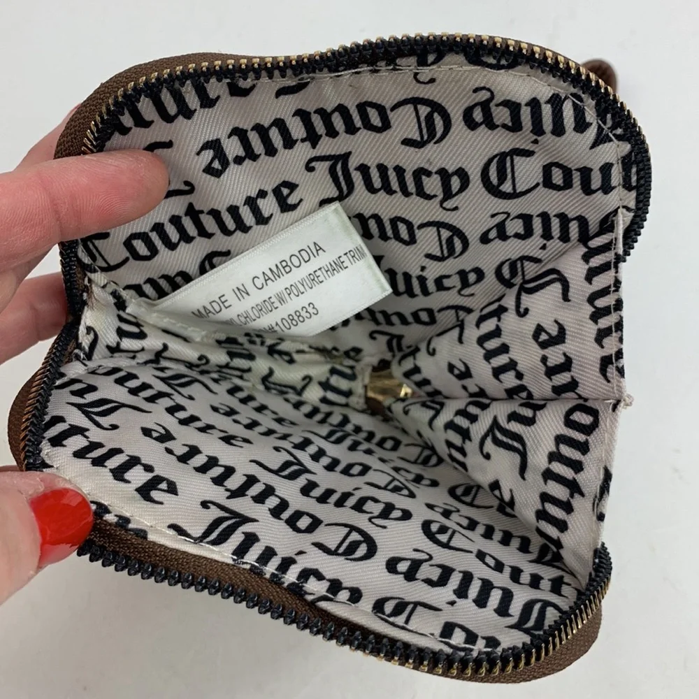 Juicy Couture Brown Gold Heart Wristlet bag pouch clutch Zip closure Strap